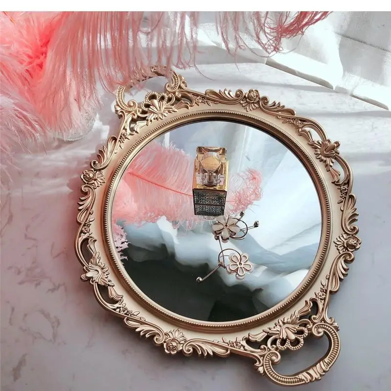 

Retro Carved European-style Round Mirror Tray Round Tea Tray Photography Ornaments Jewelry Decoration Storage Display Tray