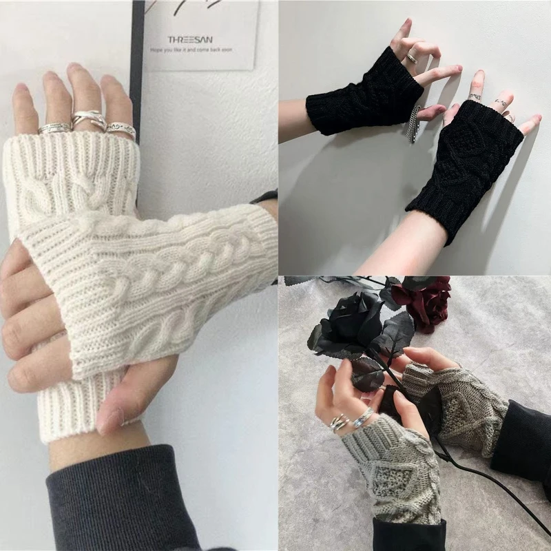

Перчатки с половиной пальца для набора текста, зимние вязаные перчатки с отверстиями для большого пальца, женские варежки с 10CF