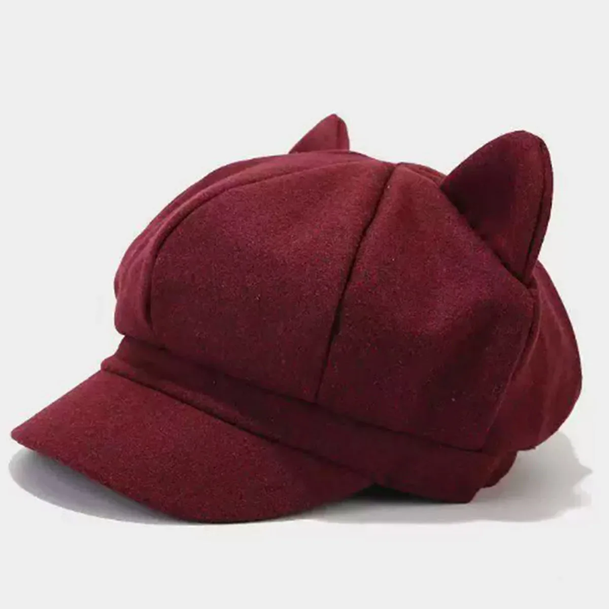 Autumn and Winter New Cute Cat Ear Internet Celebrity Octagonal Hat British Retro Woolen Peaked Cap Solid Color Trendy Painter Hat for Shopping and Students
