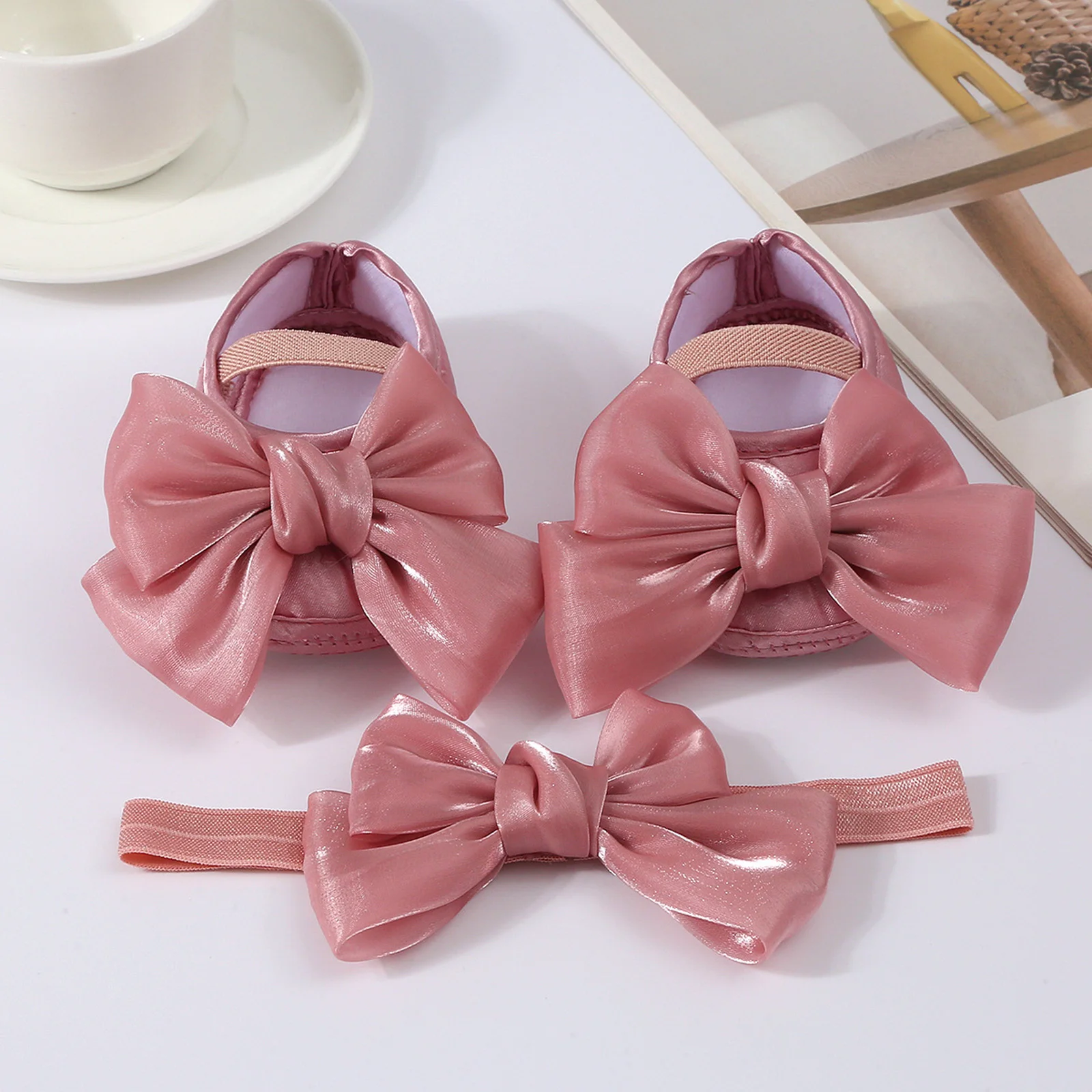 Princess Bowknot Baby Girls Baptism Shoes with Headband Cute Shiny Mary Jane Flats and Hairband Soft Sole Kids First Walkers 4