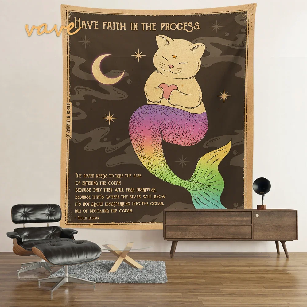 Moon Tarot Tapestry Wall Hanging Boho Kawaii Room Decor Aesthetic Psychedelic Hippie Fabric Cute Cat Large Tapestry for Bedroom