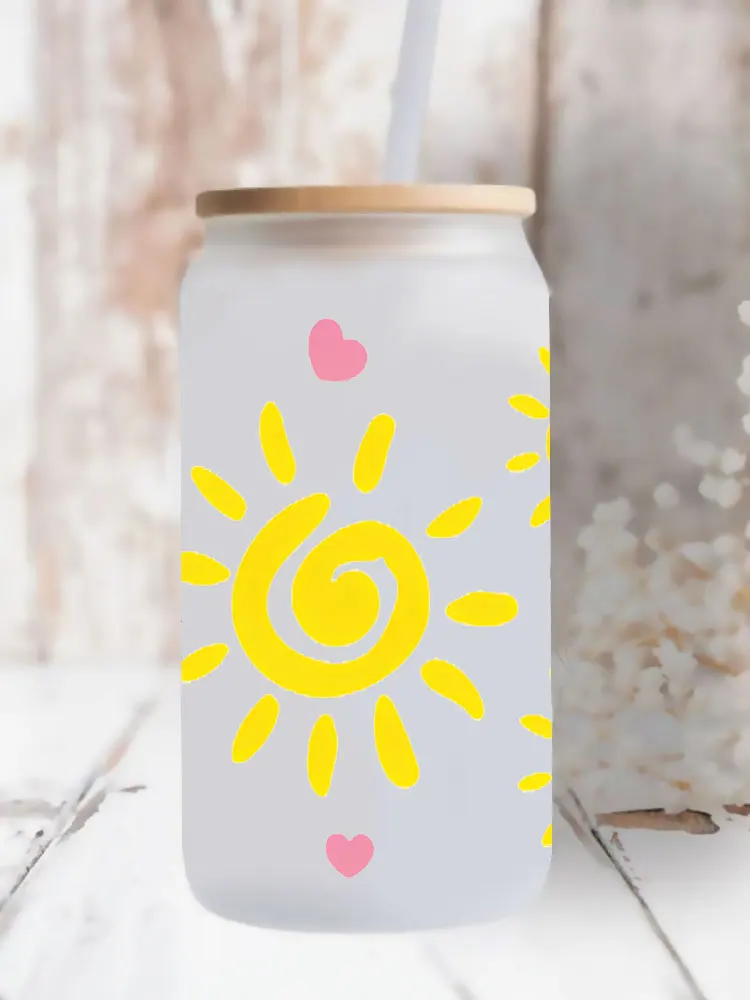 White clouds, sun UV DTF Transfer Happy Juice Printed Sticker For The 16oz Libbey Glasses Wraps Bottles D20638