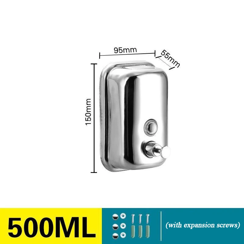 Distributeur gel hydroalcoolique mural en acier brossé, vue de face avec pompe.