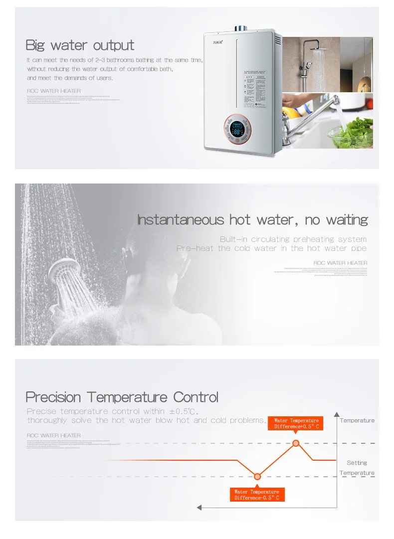ROC Tankless Water Heater 12L16L Instant Heating Natural Gas Water Heater Constant Temperature Indoor Automatic 4