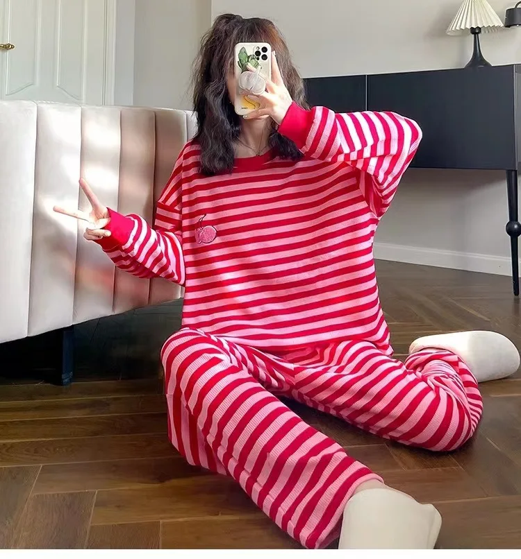 M-3XL Pyjama-Sets, Übergröße, Baumwoll-Pyjamas für Damen, neue Frühlings- und Herbst-Streifenanzüge für Damen, lässige Schlafanzüge, Hosen-Sets – Detail 20