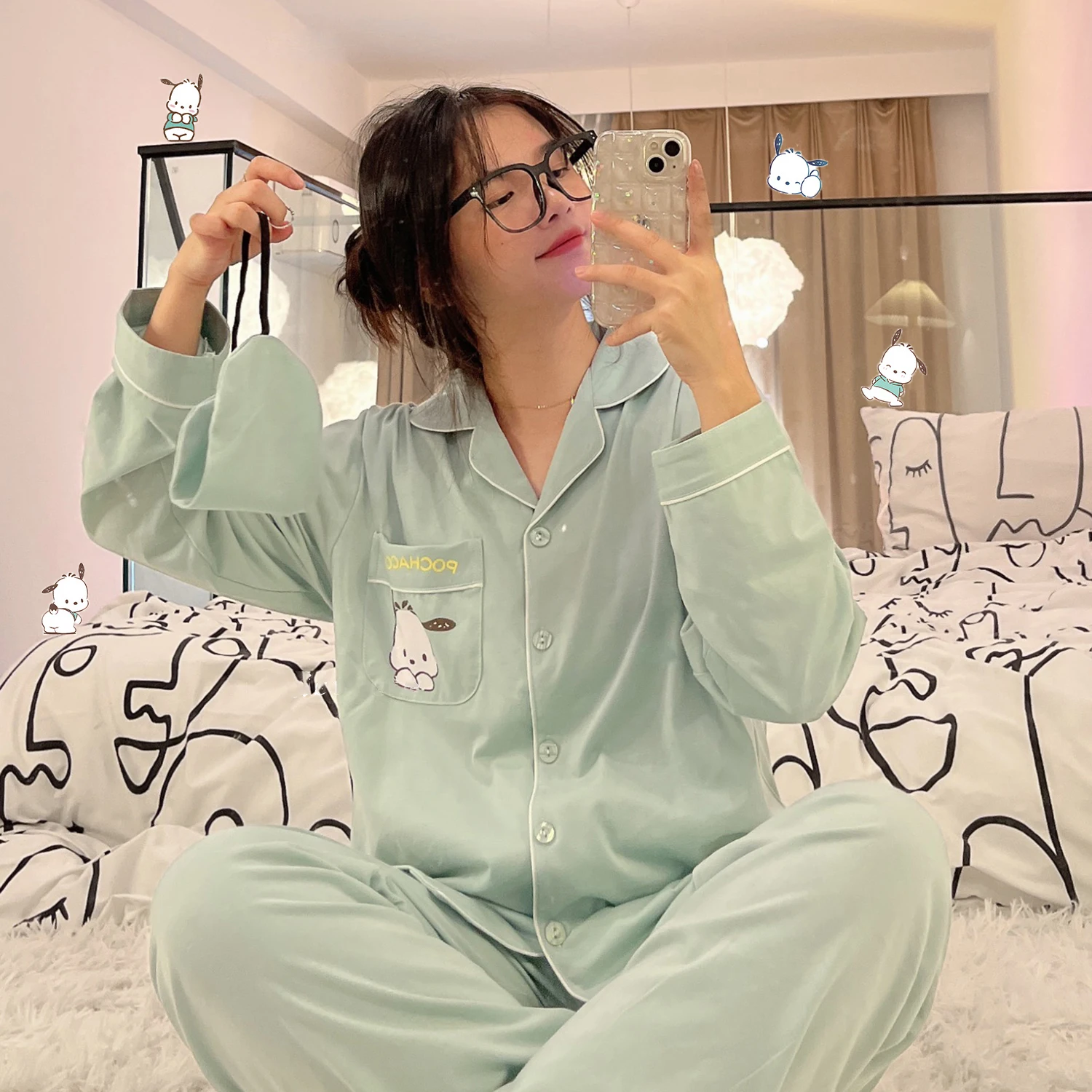 

Пижамный комплект Sanrios понравился kawaii аниме мультфильм хлопок для девочек jk Лолита Брюки с длинным рукавом Домашняя одежда с отворотом ночная рубашка
