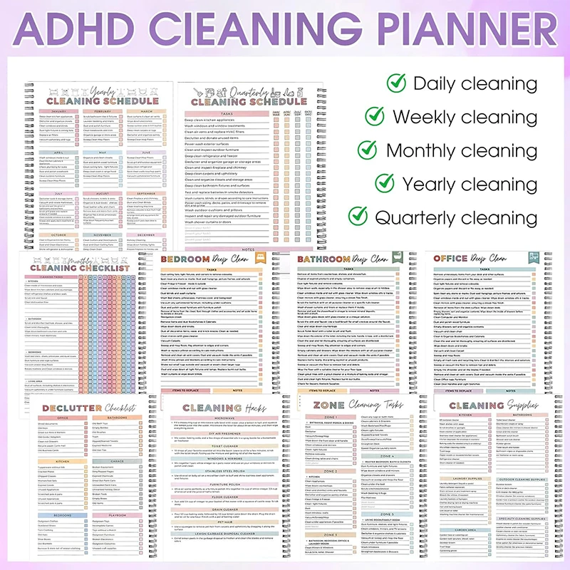 성인 및 청소년을 위한 새로운 ADHD 청소 플래너 - 일일, 주간 및 월간 청소 일정 및 체크리스트, 재사용 가능한 가정용 정리 도구