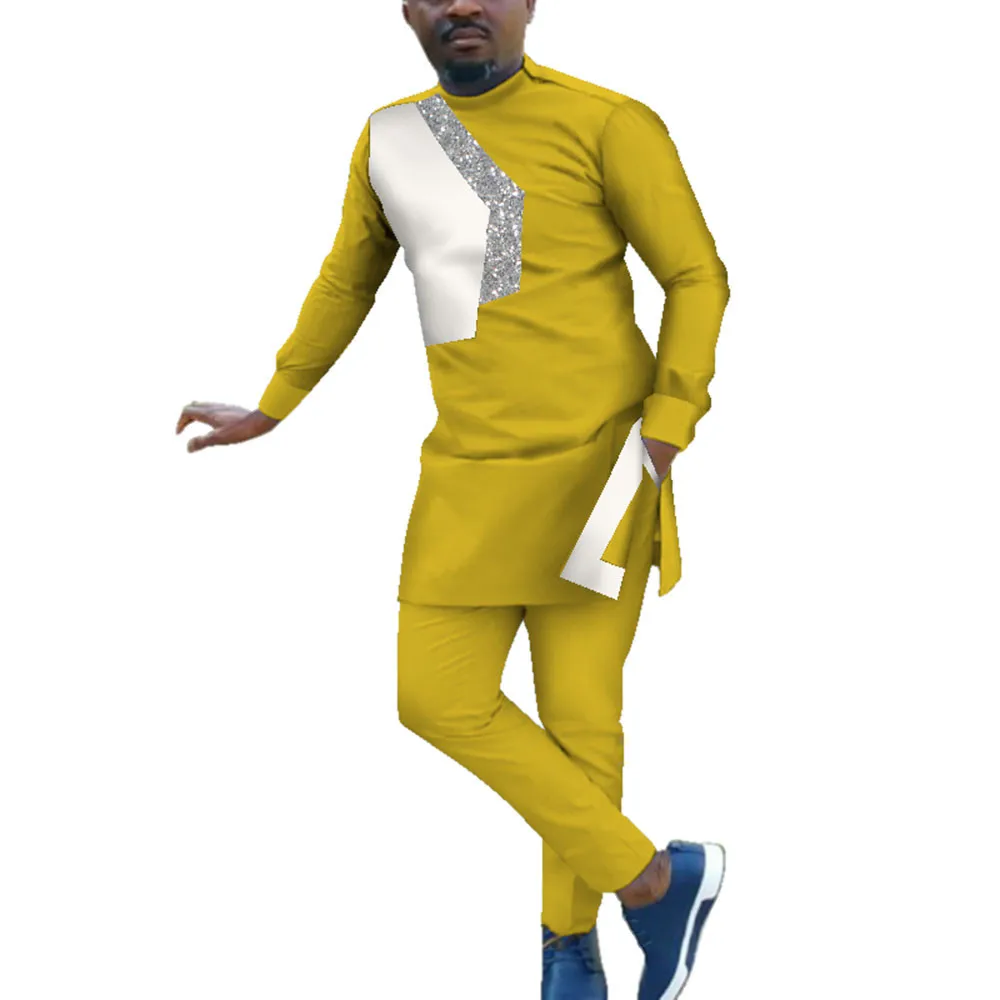 

Комплект одежды для мужчин из 2 предметов, рубашка и брюки в африканском стиле, рубашка с длинным рукавом и брюки, Дашики WYN1619