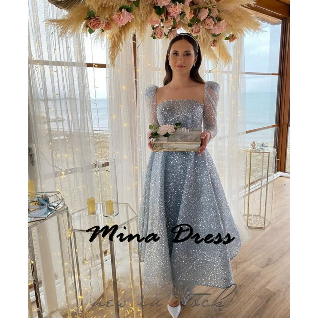 

Mina Blue Prom Dress Shining Sequins Sparkling A-shaped Vestidos de Fiesta Elegant Ankle Length Sleeves
