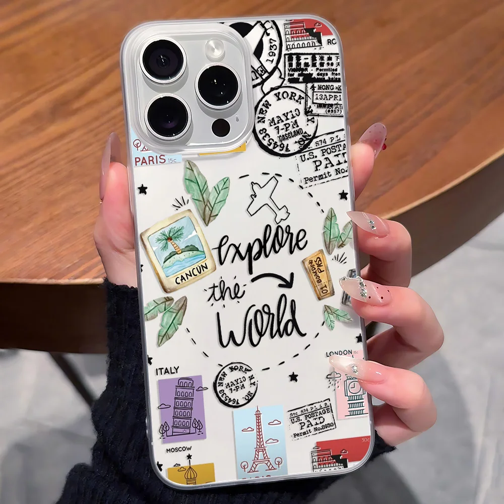 Weltreise-Design Handyhülle für iPhone 17 16 15 14 13 12 11 Pro Max Mini SE 7 8 Plus 17E Air Stoßfeste Weiche Transparente Schutzhülle