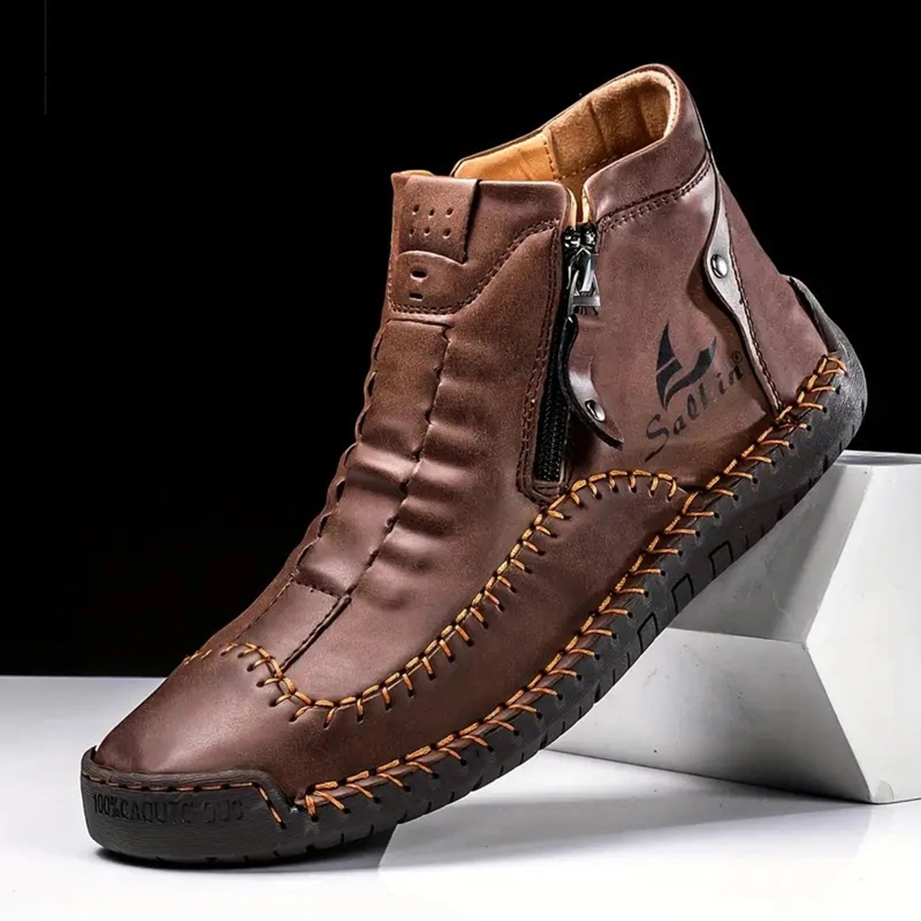 Handgenähte High-Top-Stiefel für Herren, modische Freizeitschuhe mit seitlichem Reißverschluss, Ganzjahres-Outdoor-Stiefel, große Herrenschuhe, bequeme nackte Stiefel – Detail 20