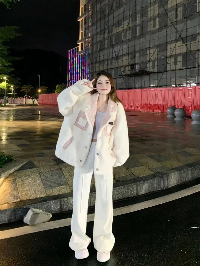 2023 New Autumn and Winter Pink White Lamb Fleece Small Fragrance Spliced Coat for Women's Loose and Fashionable Versatile Top