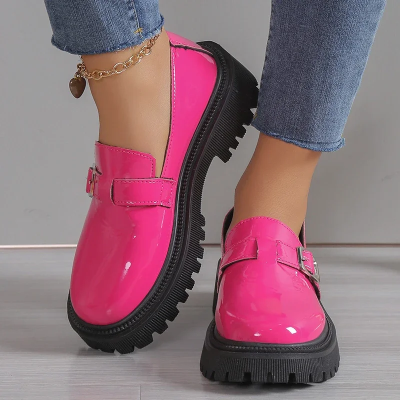Fashion Buckle Patent Leather Loafers Women Spring Platform Gothic Shoes Woman Casual Non-Slip Flats Shoes Ladies