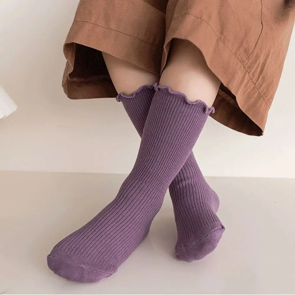 Baby Girls Cotton Dress Socks Solid Color Ruffle Long Sock Ruffle Stockings Toddlers