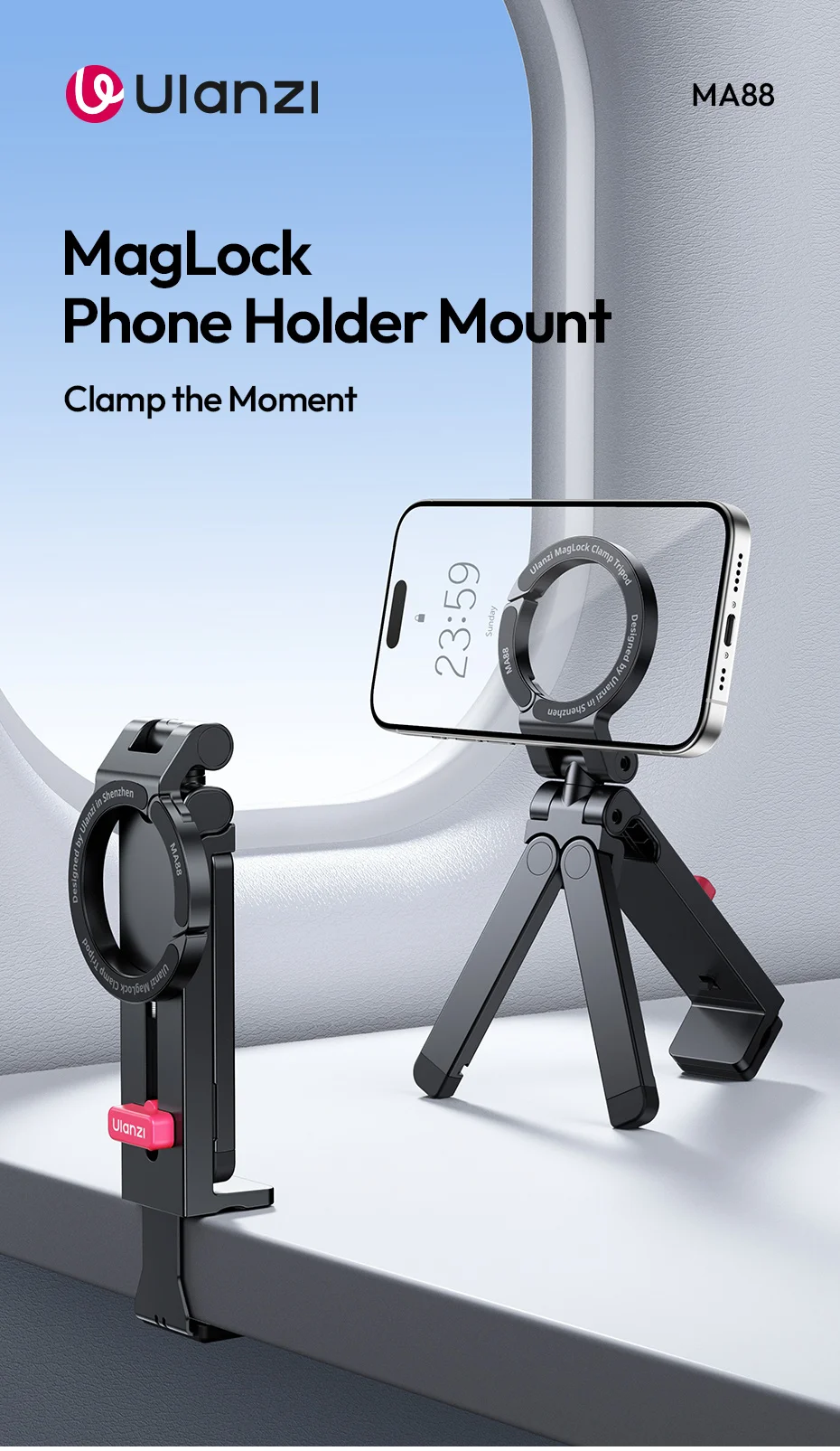 MA88 MagLock Phone Holder Mount 360° Adjustable Clamp Mount Magsafe Phone Tripod
