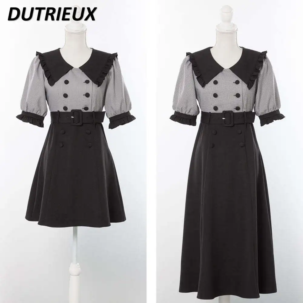 

Summer New Short Sleeve Dress High Waist V-neck A- Line False Two-Piece Patchwork Long Dress Double Breasted Retro Dress