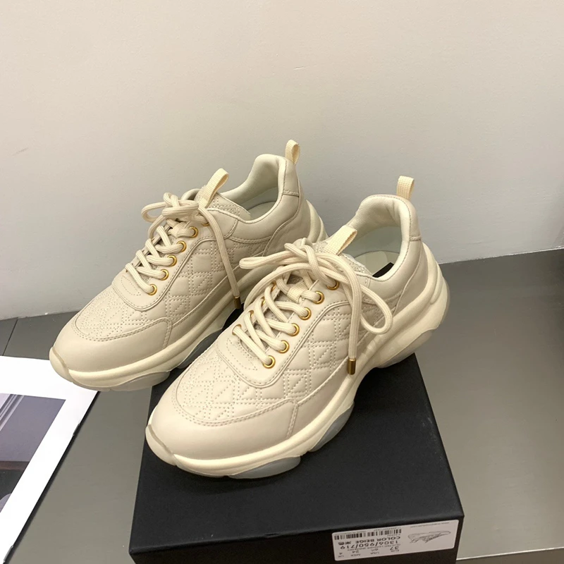 Dave&Di British Fashion Casual Quilted Stitching Leather Flat Shoes Women's Vulcanized Shoes Women Rise Sneakers