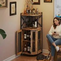 Corner Bar Cabinet with Glass Holder,Industrial Wine Cabinet with Mesh Door,4-Tier Wine Cabinet with Open Shelf for Wine Storage 2