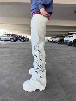 Unisex American High Street INS Style Letter Print Micro-La Machete Jeans 2026 New Personalized Street Fashion Casual Pants 1