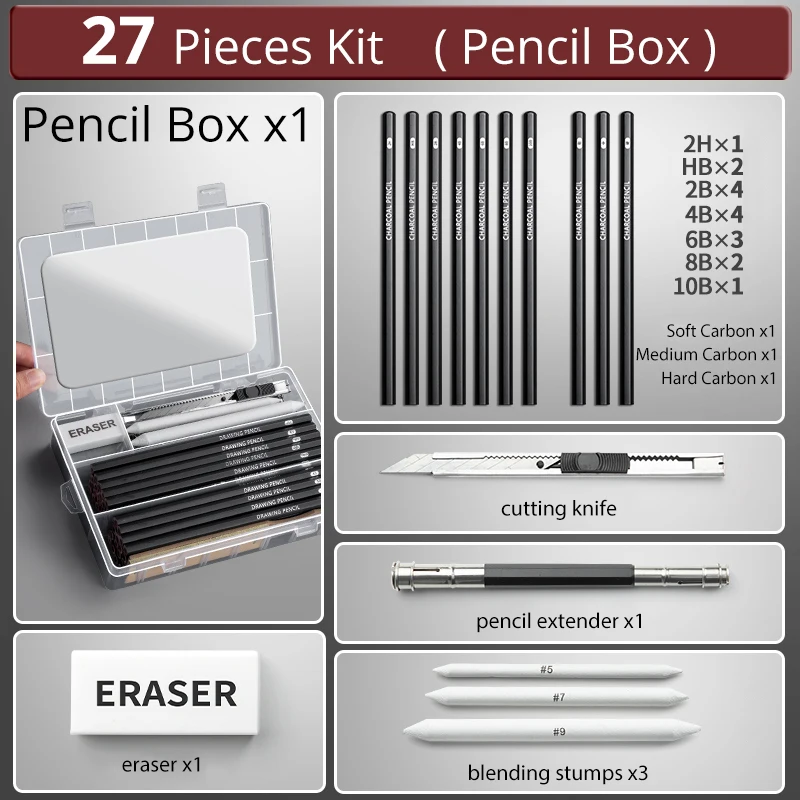 27/38/47pcs Drawing Pencils Sketch Box Set Sketching Kit Pro Art Sketch Supplies Charcoals Kneaded Eraser Extender Pencil Case 4