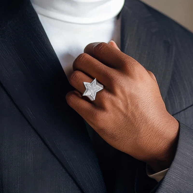 MossanRappr 5.1cttw Luxury Moissanite Pentagram Iced out Hip Hop Ring 925 Sterling Silver Heavy Metal Fashion Jewelry for Men 6