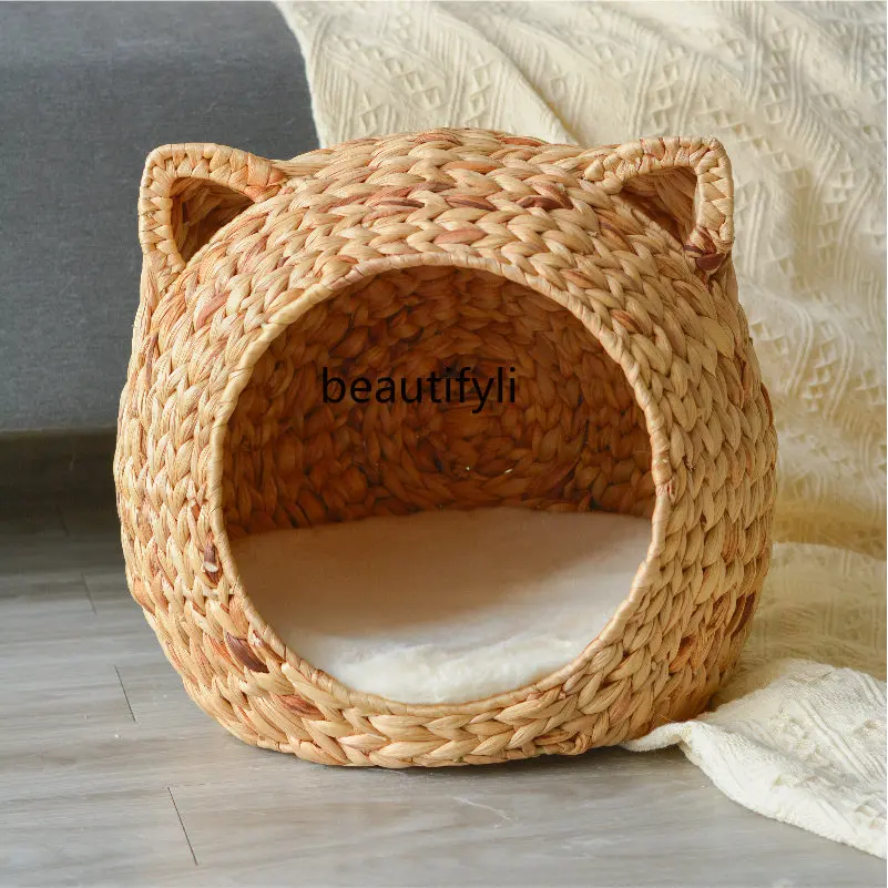 

zq Rattan Cat Nest Summer Cool Nest Natural Papyrus Hand-Woven Pet Room Semi-Closed Breathable Safety Four Seasons Universal