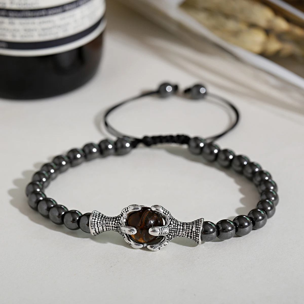 Fashion Natural Black Obsidian Beads Bracelets Men Handmade Dragon Claw Adjustable Bracelet Punk Wrist Jewelry for Women Men