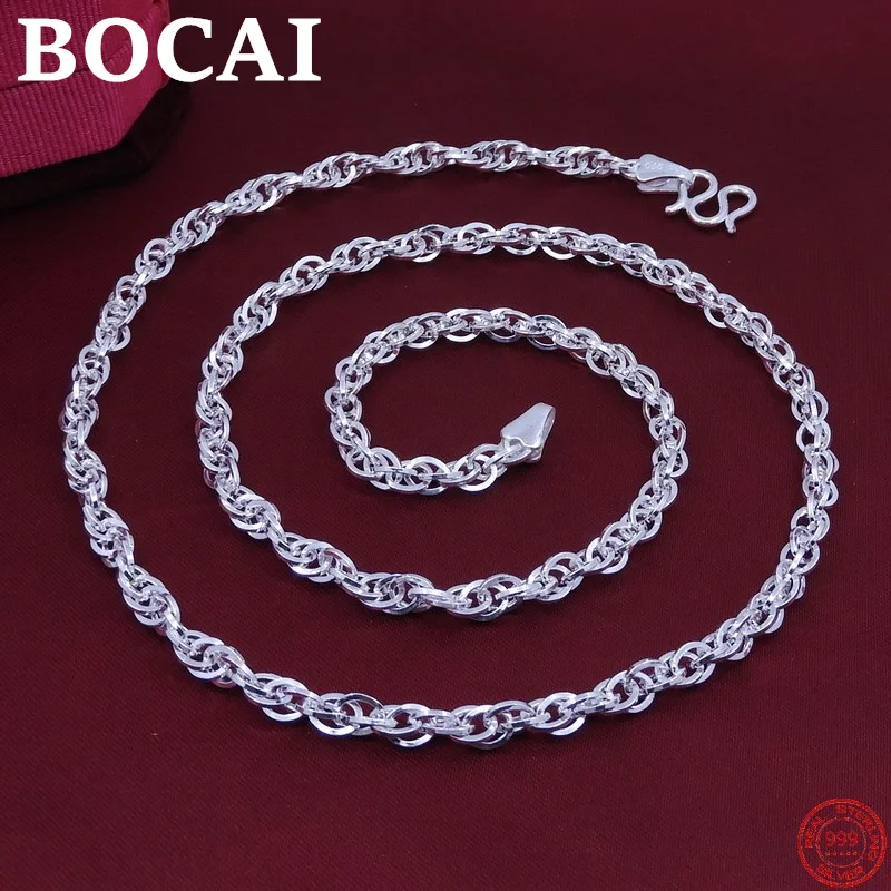 

BOCAI Solide S999 Sterling Silver Necklace 2022 New Fashion Simple Square Water Wave Chain Argentum Jewelry for Men Women