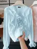 VONDA Elegant Women Office Lady Shirts Ruffled Blouse V-Neck 3D Flower Casual Fashion Tops Autumn Long Sleeve Solid Blusas