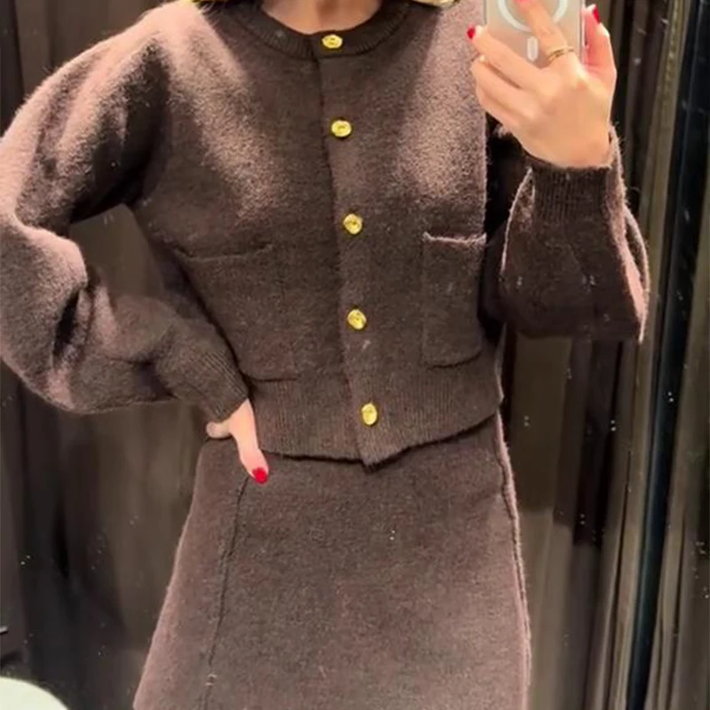 Elegant Brown Skirt Suits Knitted O-Neck Long Sleeve Metal Button Cardigan High Waist A-line Mini Skirts 2025 Spring Lady Outfit
