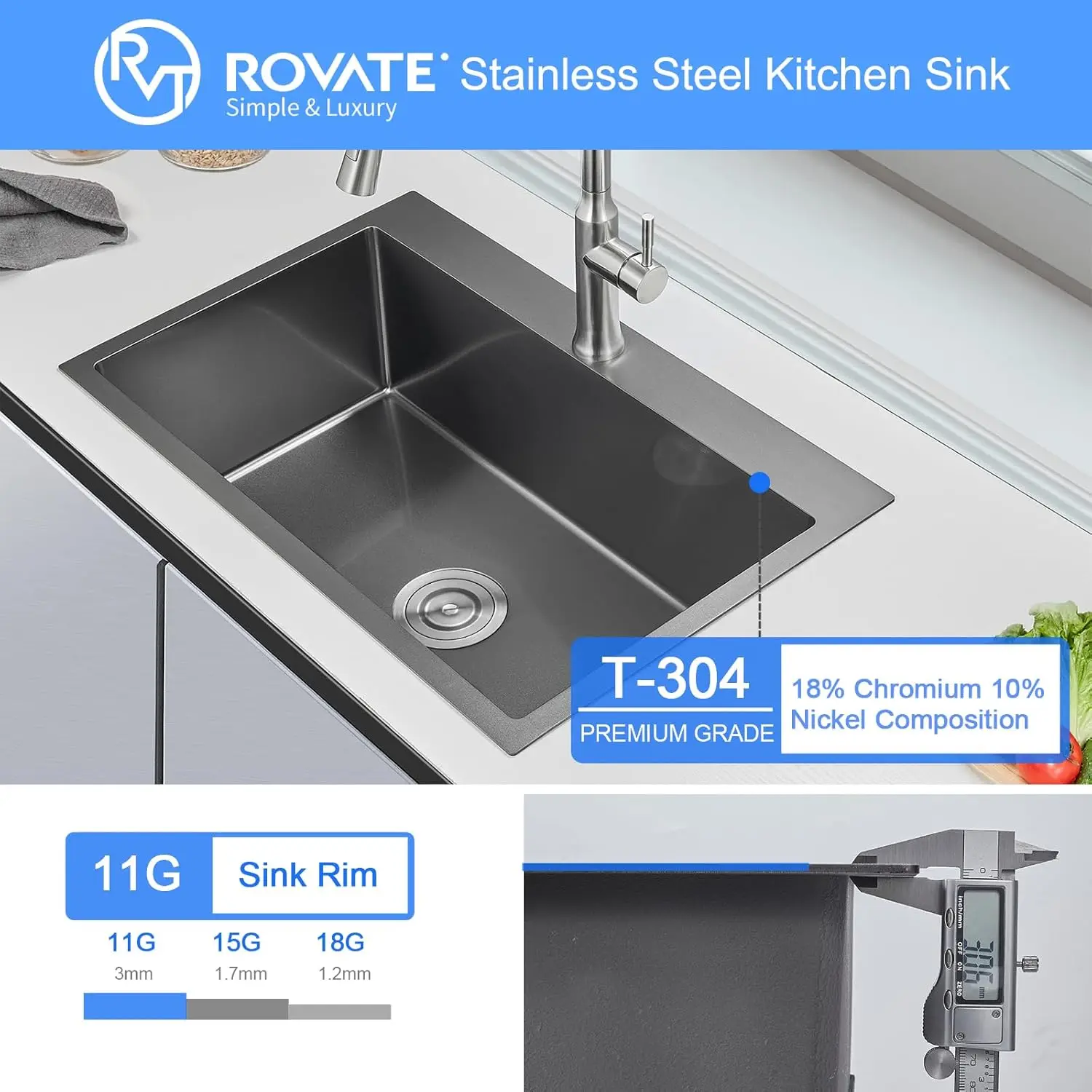 ROVATE Kitchen Sink 28&times;20 Inch Drop In 18 Gauge Handmade SUS 304 Top mount Stainless Steel 9 Inch Deep Single Bowl Black