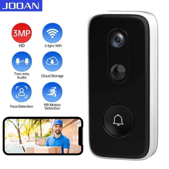 JOOAN 3MP 2MP WiFi Video Doorbell Camera Smart Home Security Battery PIR Motion Detector Two Way Intercom Free Cloud Storage
