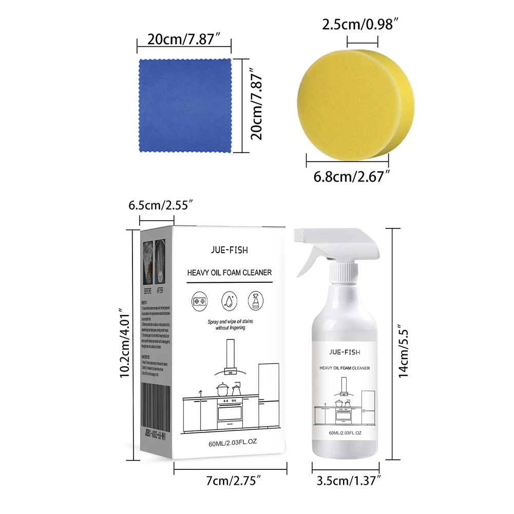 60ml Splash Foam Spray Multipurpose Heavy Oil Foam Cleaner with Sponge & Cloth Degreaser Spray for Kitchen Grills Ovens