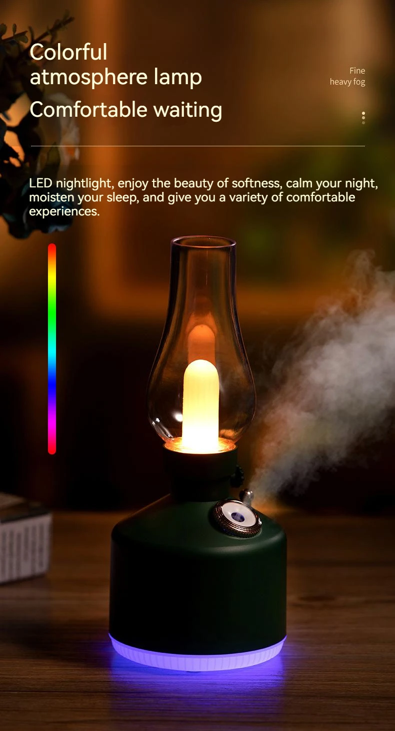 umidificador de ar retro querosene lâmpada umidificador led atmosfera sentido lâmpada cabeceira de carregamento sem fio difusor da névoa água