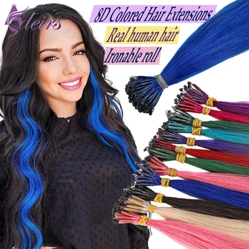 ADEIRS Color  8D Tip Hair Extensions 100% Real Human Hair Microbeads Extensions Color Purple Blue Pink Gray 18-20inch 1