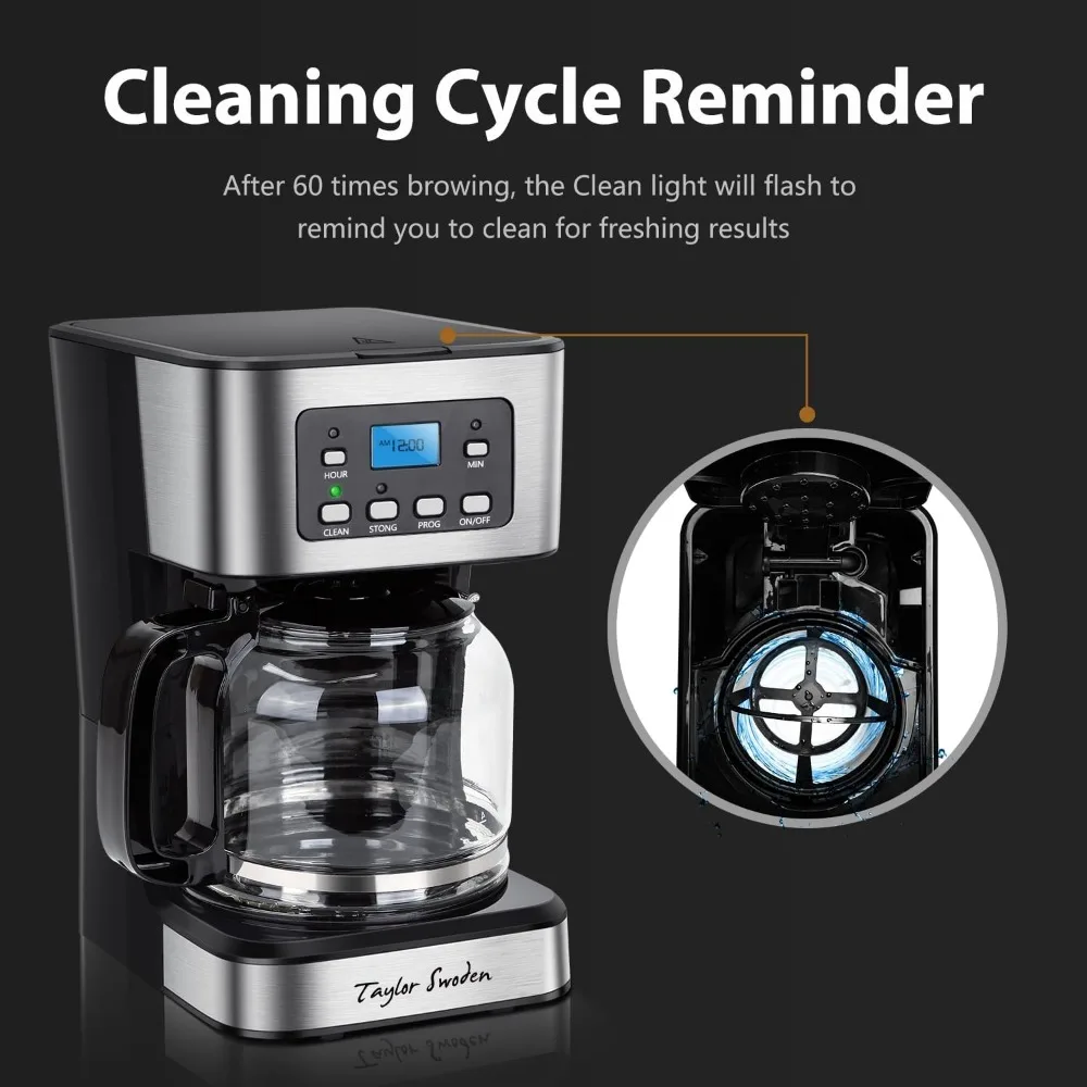 2025 Taylor Swoden 12-Cup Programmable Coffee Maker, Regular & Strong Brew Drip Coffee Machine for Home and Office, Glass Carafe 6