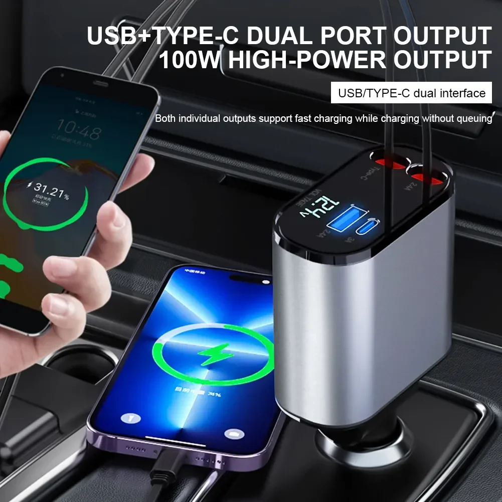 

PSDA 100W 4 IN 1 Retractable Car Charger USB Type C Cable For IPhone Samsung Fast Charge Cord Cigarette Lighter Adapter