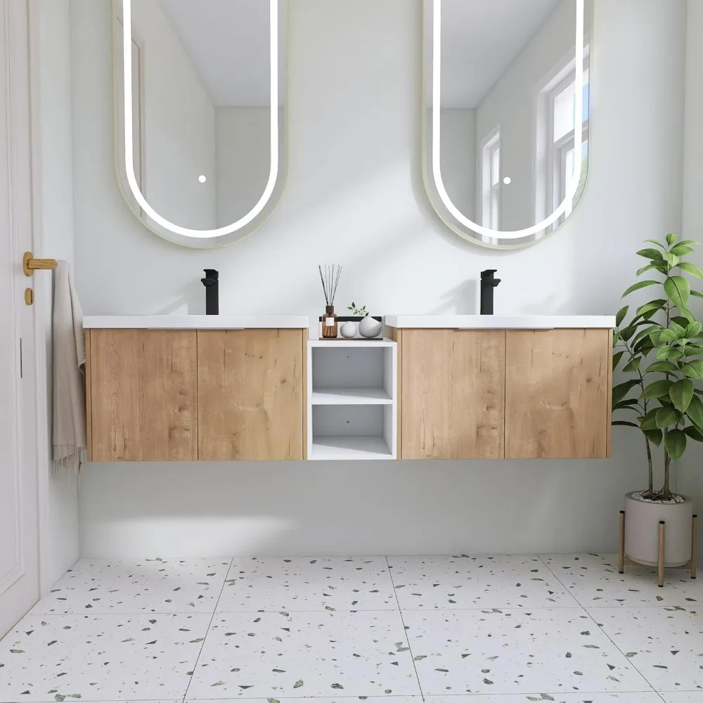 72" Bathroom Vanity with Sink, Double Sink Wall Mounted Vanity Combo, Modern  Bathroom Vanity Set with 4 Doors 3