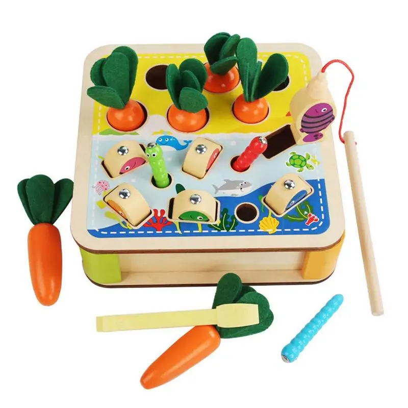 

Magnetic Fishing Game 3 In 1 Worm Catching Carrot Harvest Fishing Toy Wood Preschool Learning Fine Motor Skills Game Toddlers