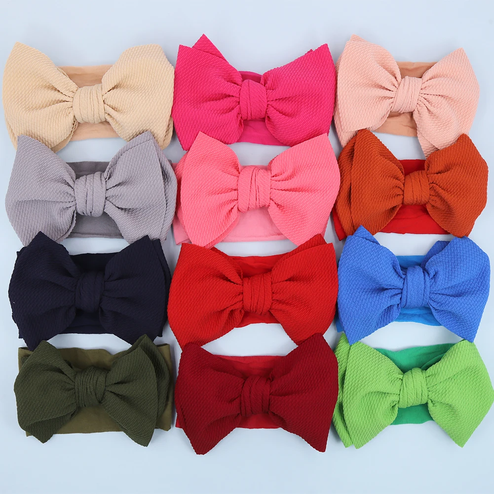 Solid Big Bow Topknot Headband for Baby Girls Elastic Nylon Hair Bands Handmade Newborn Fashion Turban Headwraps Accessories 6