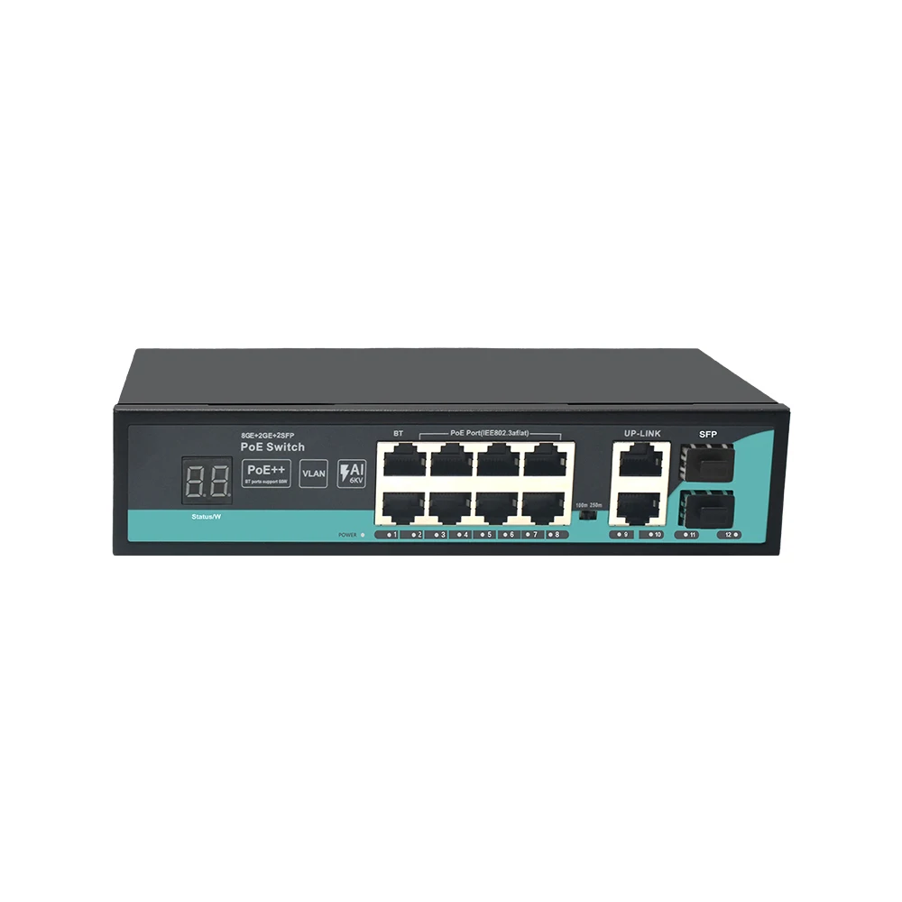 

PoE Switch Gigabit 8 port+2 Uplink+2 SFP AI POE Switch with Digital Tube Display for IP Camera