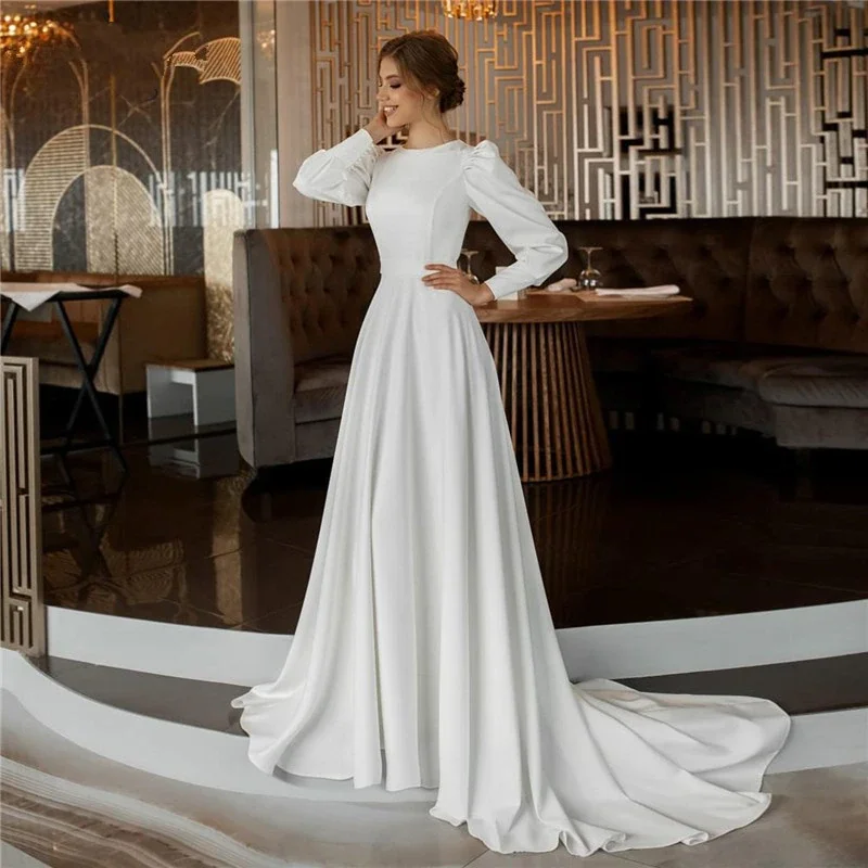 

Simple Satin Wedding Dresses Muslim A Line O Neck Long Sleeves Buttons Elegant Bridal Gowns Sweep Train Vestidos De Novia 2023