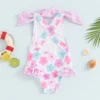 FOCUSNORM 1-6Y Little Kids Girls Summer Bathing Suit Flower Print Frill Trim Round Neck Sleeveless Swimsuit with 3D Bow 6