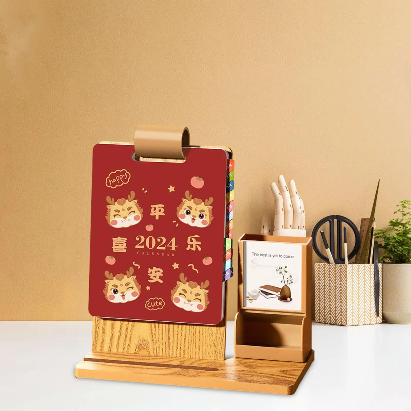 2024 Desk Calendar with Pen Holder Flip Wooden Calendar Storage Box Work Schedule Planner Work Schedule Calendar for Home Office