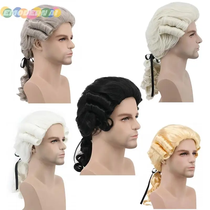 

Grey White Black Lawyer Judge Baroque Curly Male Costume Wigs Deluxe Historical Halloween Long Synthetic Cosplay Wig + Wig Cap