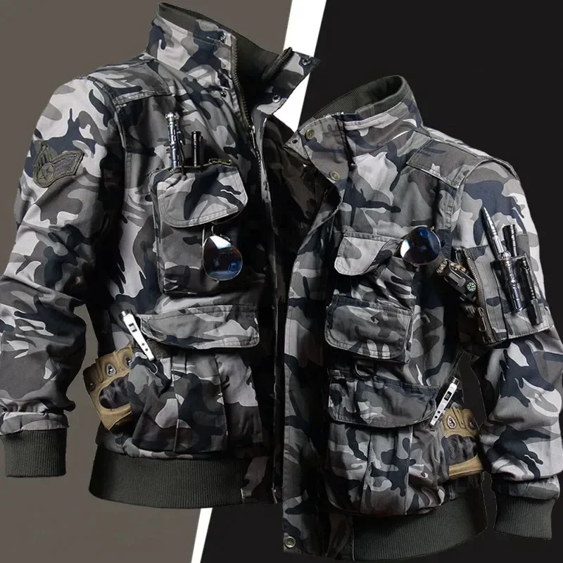 Tactical Cargo Sets Mens Soft Shell Multi-pocket Camouflage Hunting Suit Outdoor Hiking Training Combat Charge Two-piece Set