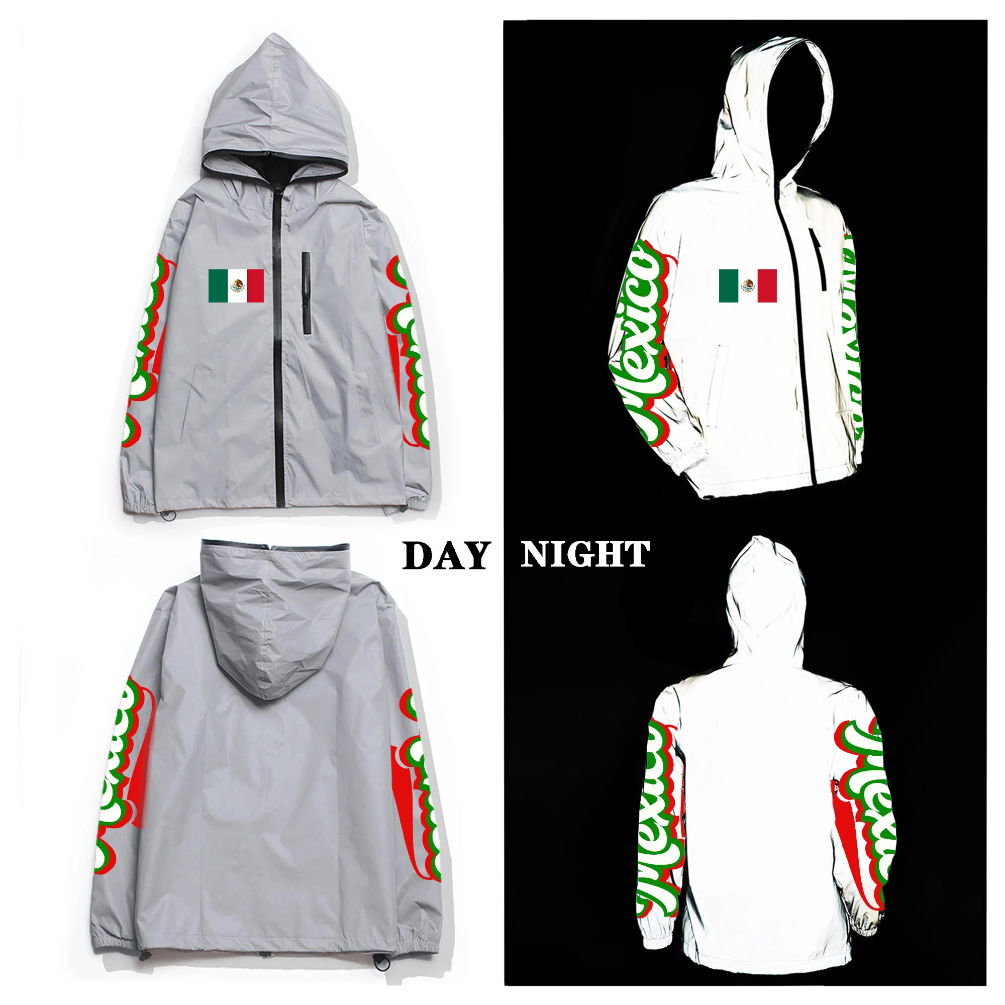 Mexican Flag Custom Reflective Jacket Mens Womens Mexico Coat Hooded Windbreaker Run Jackets Cycling Hiking Zipper Custom Hoodie