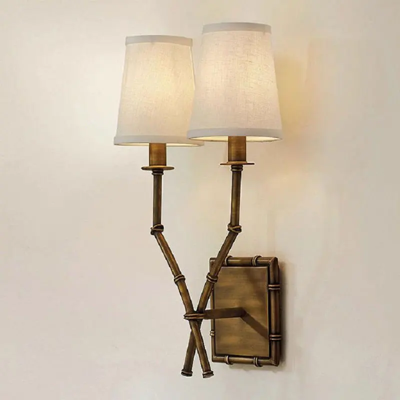 American Antique Iron Wall Lamp Bamboo Double Head Linen Lampshade Retro Living Room Dining Room Bedroom Bedside Light