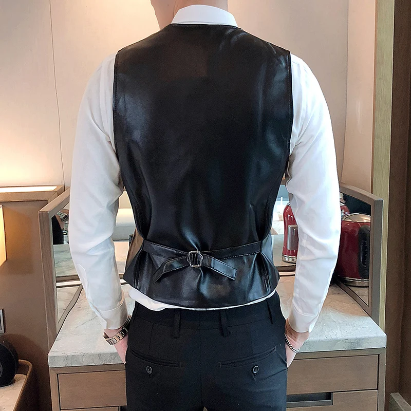 2022 Leather Vest Men New Fashion Casual High Quality Solid Color Single Breasted Slim Large Size Business Vest Waistcoat S-5XL 4