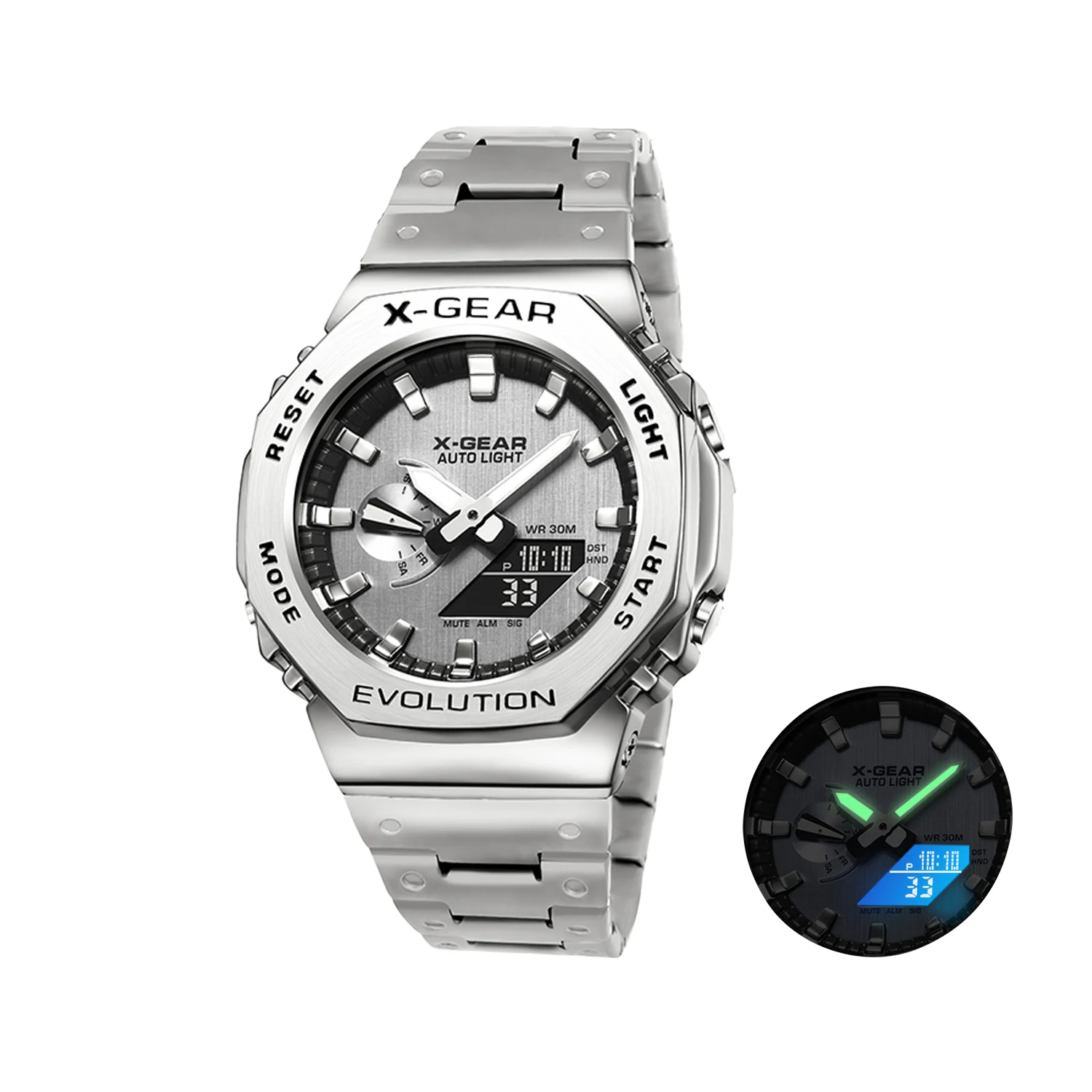 X-GEAR Dual Display Unisex Sports Watch with LED Alloy Design and Steel Strap